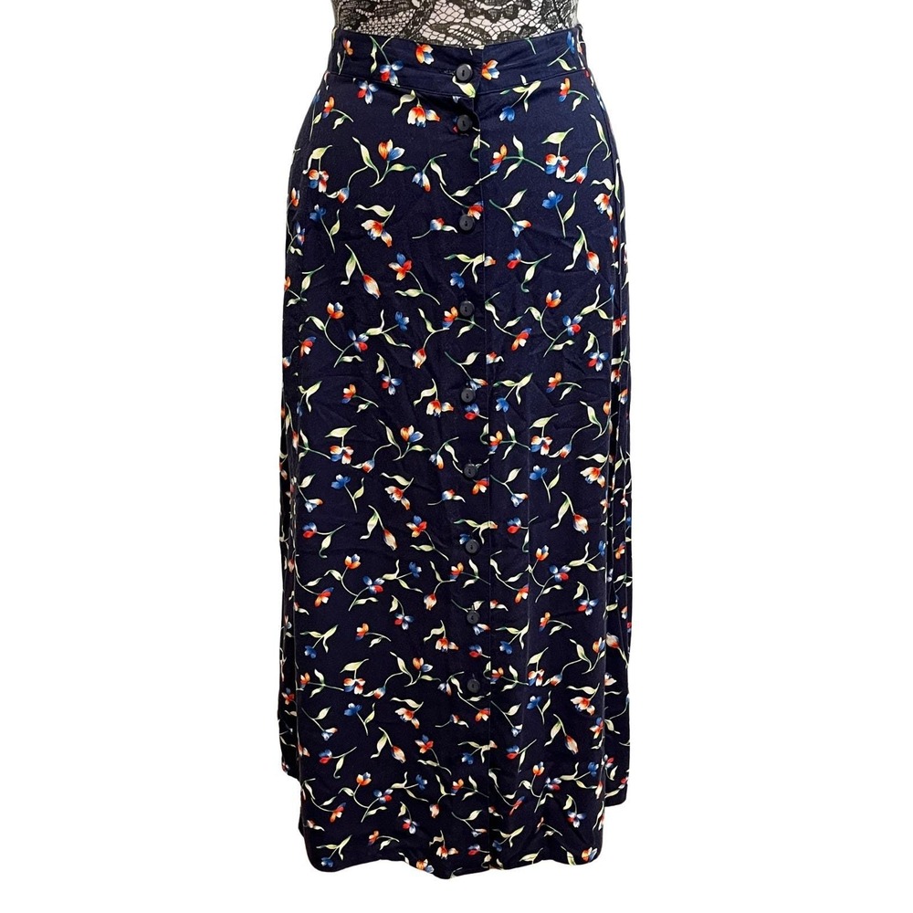Vintage 90s Sag Harbor Skirt Midi Blue Floral Button Retro‎ Cottagecore Artsy 1X